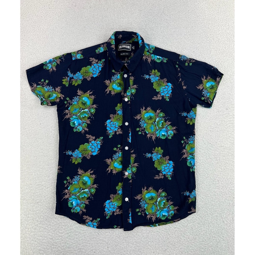 Vilebrequin Shirt Mens Medium Navy Floral Slim Fit Short Sleeve Button Up Casual